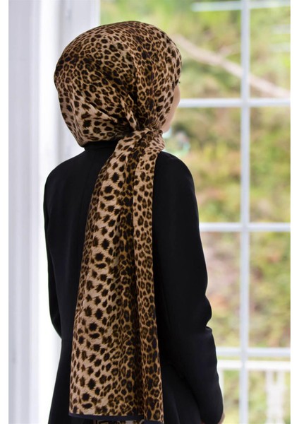 Lüks Medine Barok Bardürlü Leopar Desenli Hardal - Siyah Renkli 75X195 Kırışmaz Şal Moss Krep Dikiş Tipi Italyan Dikişli