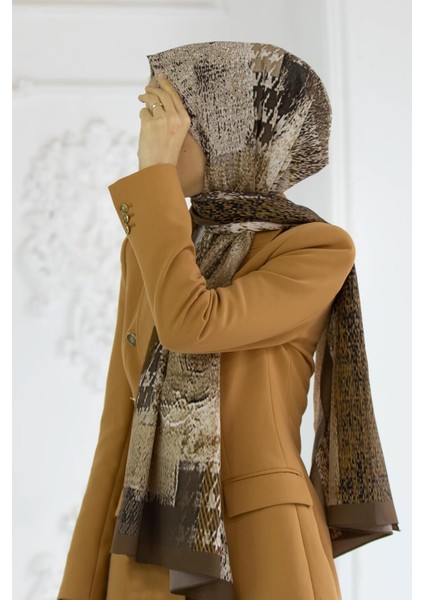 Lüks Medine Ipeği Kazayağı Desenli Vizon Renkli 75X195 Kırışmaz Şal Moss Krep Dikiş Tipi Italyan Dikişli