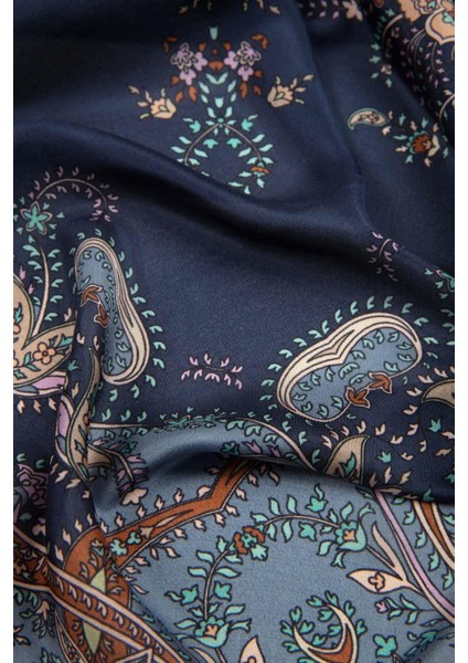 %100 Ipek Etnik Desenli Lacivert Renkli 92X210 Şal modelleri