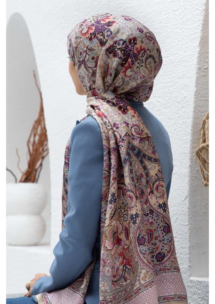 %100 Ipek Etro Desenli Bej - Mürdüm Renkli Şal