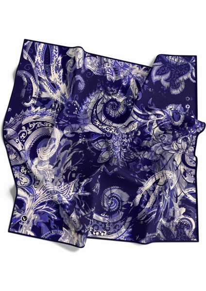 Twill Şal Desenli Lacivert Renkli 90X90 Eşarp (Ipek Içermez) Kenar Dikiş Şekli El Dikişli