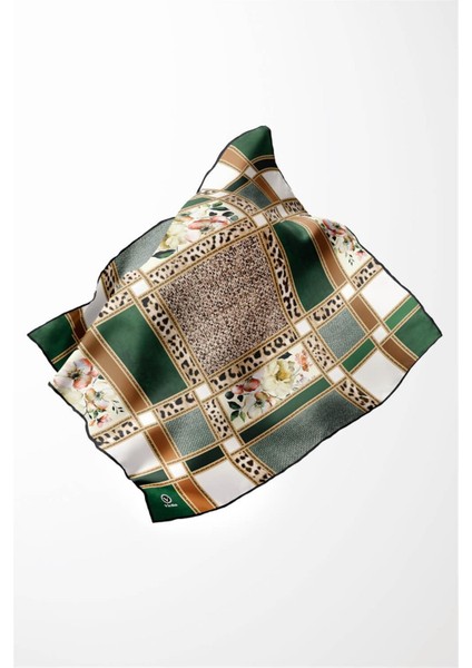 Twill Leopar ve Çiçek Desenli Zümrüt Yeşili - Bej Renkli 90X90 Eşarp (Ipek Içermez) Dikim Şekli : El Dikişi