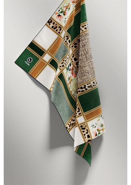 Twill Leopar ve Çiçek Desenli Zümrüt Yeşili - Bej Renkli 90X90 Eşarp (Ipek Içermez) Dikim Şekli : El Dikişi fiyatları
