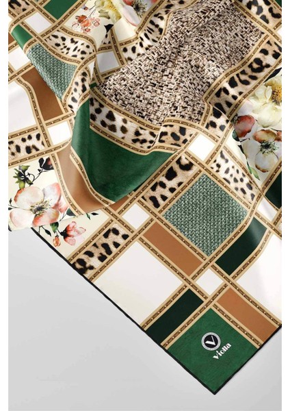 Twill Leopar ve Çiçek Desenli Zümrüt Yeşili - Bej Renkli 90X90 Eşarp (Ipek Içermez) Dikim Şekli : El Dikişi modelleri