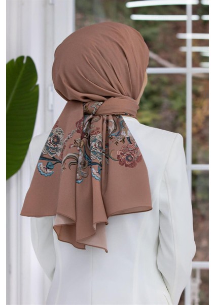 Lüks Medine Ipeği Nakış Çiçek Desenli Bakır Renkli 75X195 Kırışmaz Şal Moss Krep Dikiş Tipi Italyan Dikişli