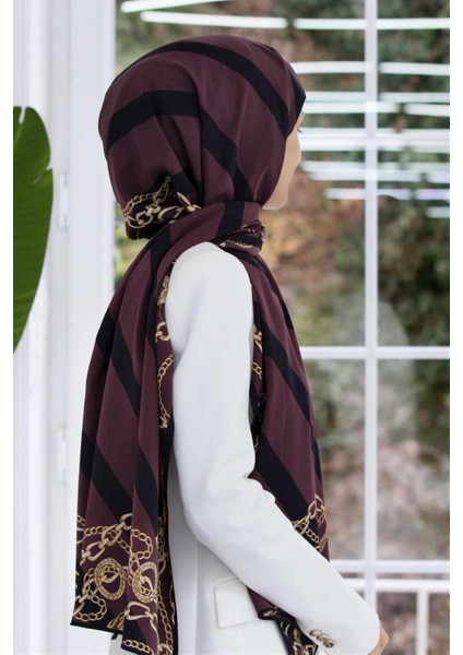 Lüks Medine Ipeği Çizgili ve Zincir Desenli Bordo - Siyah Renkli 75X195 Kırışmaz Şal Moss Krep Dikiş Tipi Italyan Dikişli