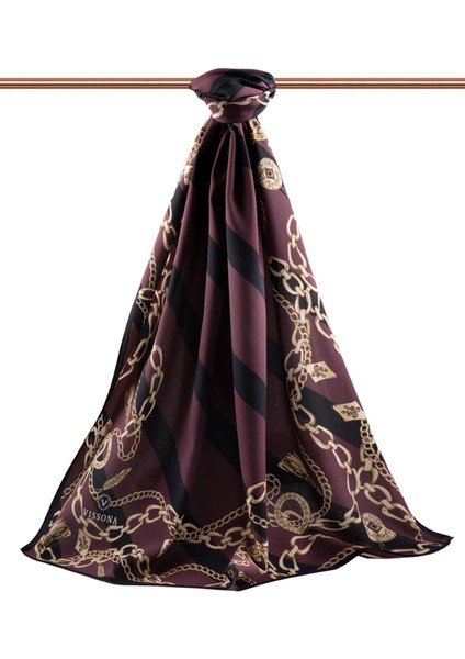 Lüks Medine Ipeği Çizgili ve Zincir Desenli Bordo - Siyah Renkli 75X195 Kırışmaz Şal Moss Krep Dikiş Tipi Italyan Dikişli fiyatları