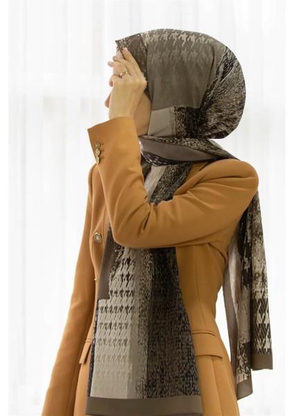 Lüks Medine Ipeği Kazayağı Desenli Taş Renkli 75X195 Kırışmaz Şal Moss Krep Dikiş Tipi Italyan Dikişli