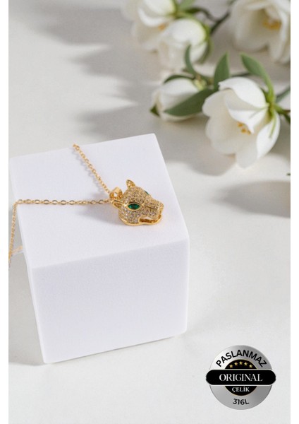 Kadın 316 L Çelik Stainless Steel Damgalı Leopar Kolye