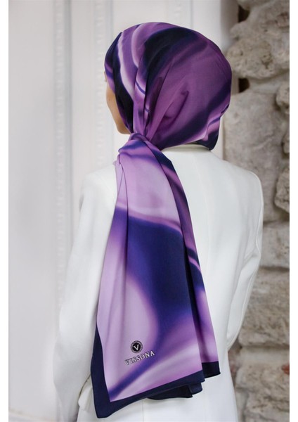 Lüks Medine Ipeği Dalga Desenli Lila - Lacivert Renkli 75X195 Kırışmaz Eşarp Moss Krep Dikiş Tipi Italyan Dikişli