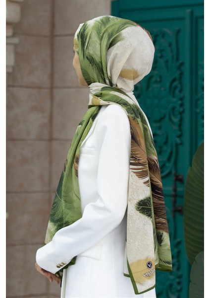 Lüks Medine Ipeği Yaprak Desenli Haki Yeşili Renkli 75X195 Kırışmaz Şal Moss Krep Dikiş Tipi Italyan Dikişli