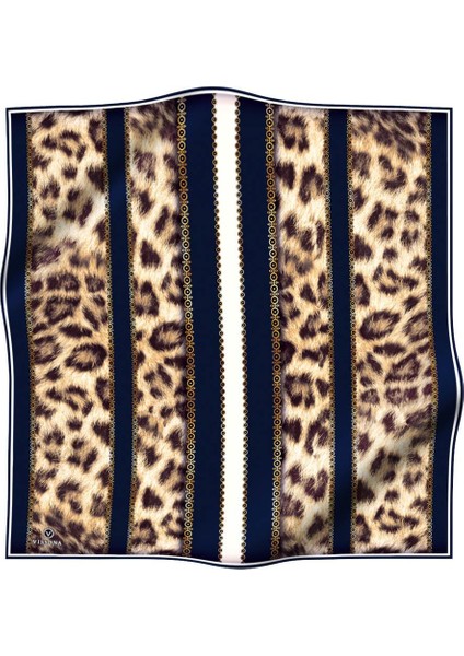 %100 Twill Ipek Leopar Desenli Lacivert - Krem Renkli 90X90 Eşarp Dikim Şekli : El Dikişi fiyatları