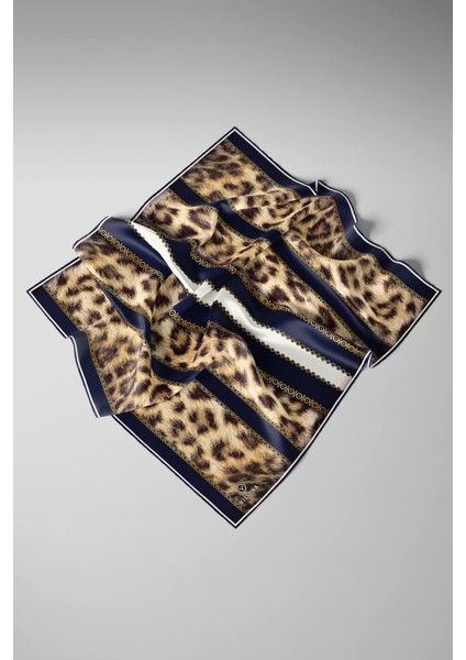 %100 Twill Ipek Leopar Desenli Lacivert - Krem Renkli 90X90 Eşarp Dikim Şekli : El Dikişi fırsatları