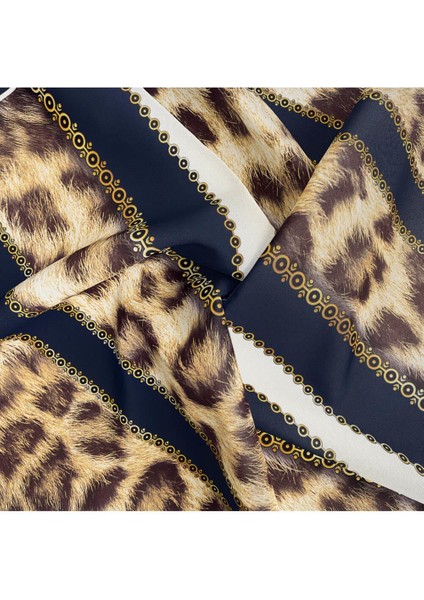 %100 Twill Ipek Leopar Desenli Lacivert - Krem Renkli 90X90 Eşarp Dikim Şekli : El Dikişi indirimleri