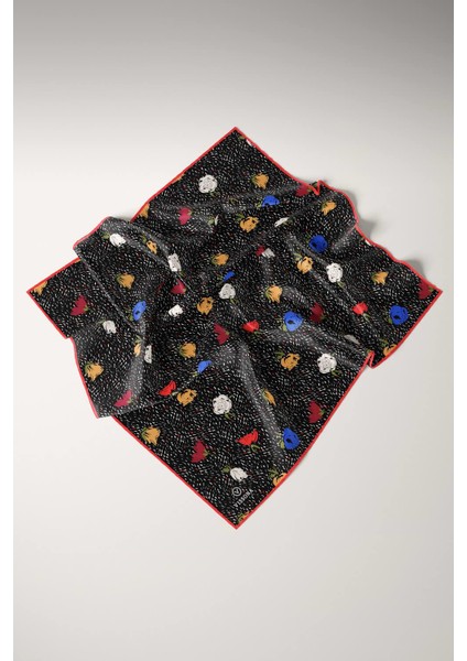 %100 Twill Ipek Çıtır Çiçek Desenli Kırmızı - Saks Renkli 90X90 Eşarp Dikim Şekli : El Dikişi fiyatları