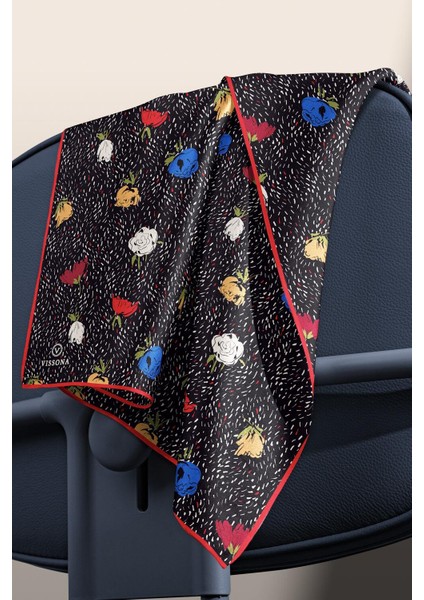 %100 Twill Ipek Çıtır Çiçek Desenli Kırmızı - Saks Renkli 90X90 Eşarp Dikim Şekli : El Dikişi modelleri