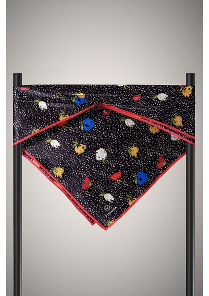 %100 Twill Ipek Çıtır Çiçek Desenli Kırmızı - Saks Renkli 90X90 Eşarp Dikim Şekli : El Dikişi indirimleri