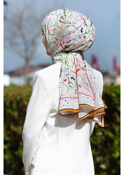 Lüks Medine Ipeği Boya Damlası Desenli Sarı Renkli 75X195 Kırışmaz Şal Moss Krep Dikiş Tipi Italyan Dikişli