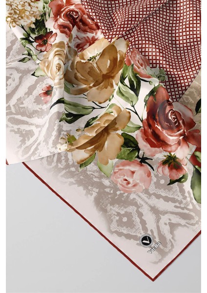 Twill Çiçek Desenli Taba Renkli 90X90 Eşarp (Ipek Içermez) Kenar Dikiş Şekli El Dikişli