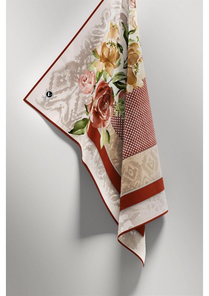 Twill Çiçek Desenli Taba Renkli 90X90 Eşarp (Ipek Içermez) Kenar Dikiş Şekli El Dikişli modelleri