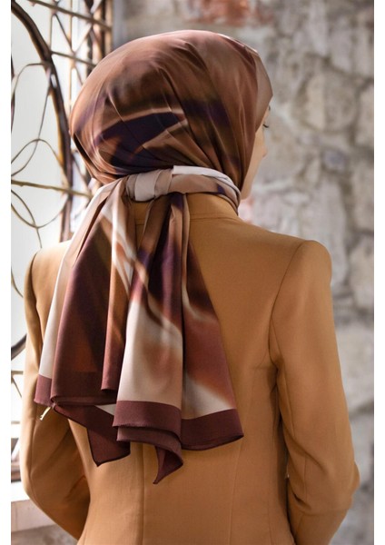 Lüks Medine Ipeği Dalga Desenli Bej - Taba Renkli 75X195 Kırışmaz Eşarp Moss Krep Dikiş Tipi Italyan Dikişli