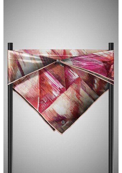 %100 Twill Ipek Efektli ve Geometrik Desenli Somon - Pudra Renkli 90X90 Eşarp Dikim Şekli : El Dikişi indirimleri