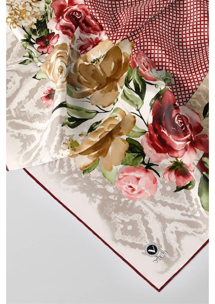 Twill Çiçek Desenli Bordo Renkli 90X90 Eşarp (Ipek Içermez) Kenar Dikiş Şekli El Dikişli