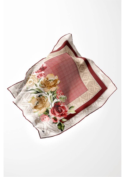 Twill Çiçek Desenli Bordo Renkli 90X90 Eşarp (Ipek Içermez) Kenar Dikiş Şekli El Dikişli fiyatları