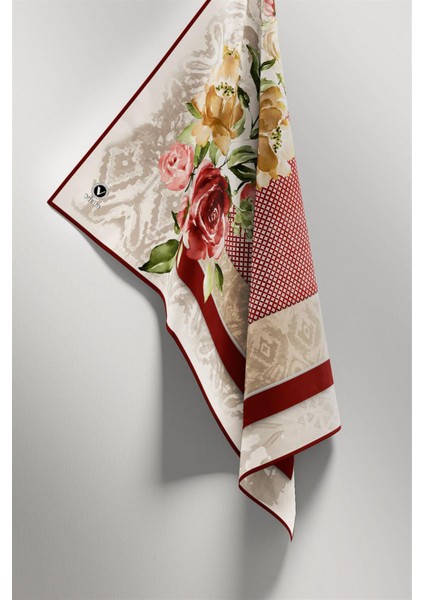 Twill Çiçek Desenli Bordo Renkli 90X90 Eşarp (Ipek Içermez) Kenar Dikiş Şekli El Dikişli modelleri