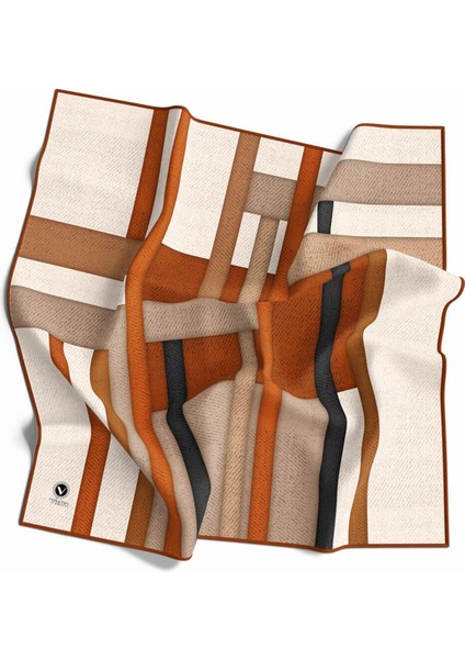 Twill Renkli Şerit Desenli Taba Renkli 90X90 Eşarp (Ipek Içermez) Kenar Dikiş Şekli El Dikişli
