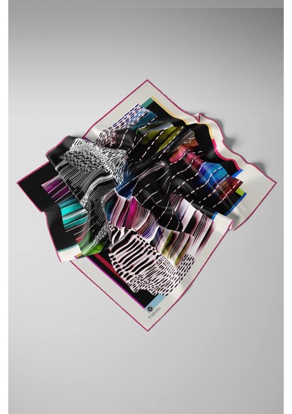 %100 Twill Ipek Geometrik Desenli Siyah - Fuşya Renkli 90X90 Eşarp Dikim Şekli : El Dikişi modelleri