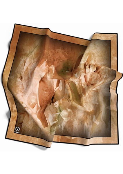 Twill Sulu Boyalı Çiçek Desenli Taba Renkli 90X90 Eşarp (Ipek Içermez) Kenar Dikiş Şekli El Dikişli