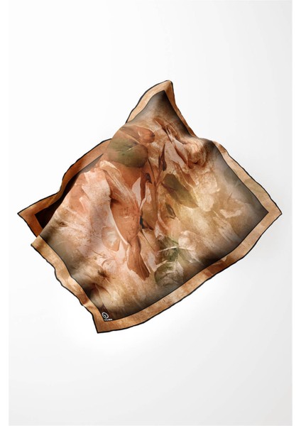 Twill Sulu Boyalı Çiçek Desenli Taba Renkli 90X90 Eşarp (Ipek Içermez) Kenar Dikiş Şekli El Dikişli modelleri