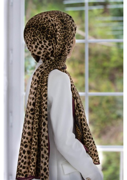 Lüks Medine Barok Bardürlü Leopar Desenli Bej - Gül Kurusu Renkli 75X195 Kırışmaz Şal Moss Krep Dikiş Tipi Italyan Dikişli