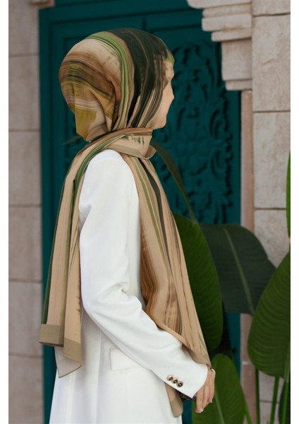 Lüks Medine Ipeği Çizgi Desenli Haki Renkli 75X195 Kırışmaz Şal Moss Krep Dikiş Tipi Italyan Dikişli