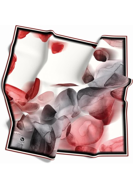 Twill Sulu Boya Desenli Kırmızı - Gri Renkli 90X90 Eşarp (Ipek Içermez) Kenar Dikiş Şekli El Dikişli