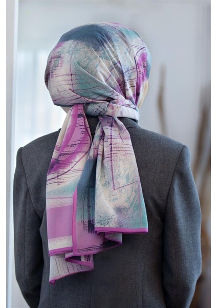 Lüks Medine Ipeği Geometrik Desenli Pembe Renkli 75X195 Kırışmaz Şal Moss Krep Dikiş Tipi Italyan Dikişli