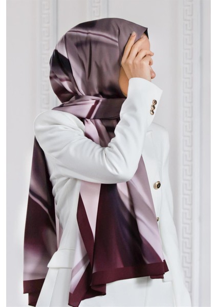 Lüks Medine Ipeği Dalga Desenli Pudra - Şarabi Renkli 75X195 Kırışmaz Eşarp Moss Krep Dikiş Tipi Italyan Dikişli