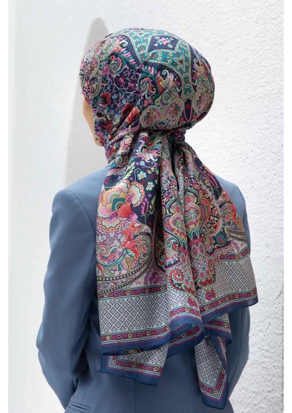 %100 Ipek Etro Desenli Lacivert - Turuncu Renkli Şal