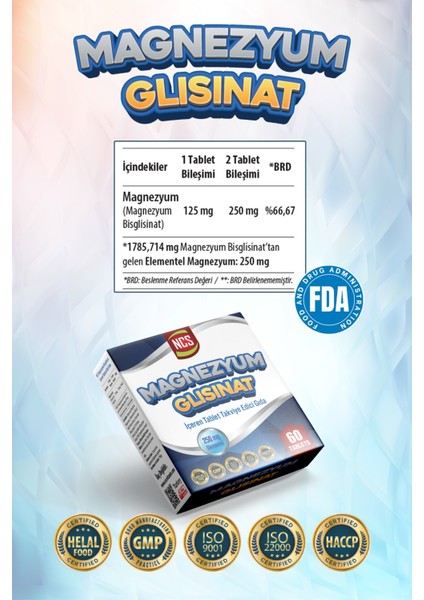 Magnezyum Glisinat 250 Mg Elementel 60 Tablet Bisgilisinat - Fda Onaylı fiyatları