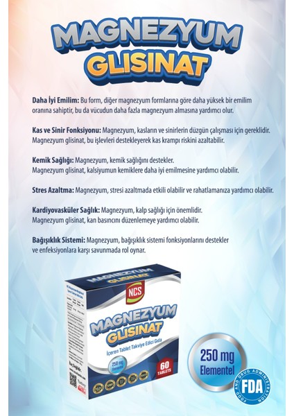 Magnezyum Glisinat 250 Mg Elementel 60 Tablet Bisgilisinat - Fda Onaylı fırsatları