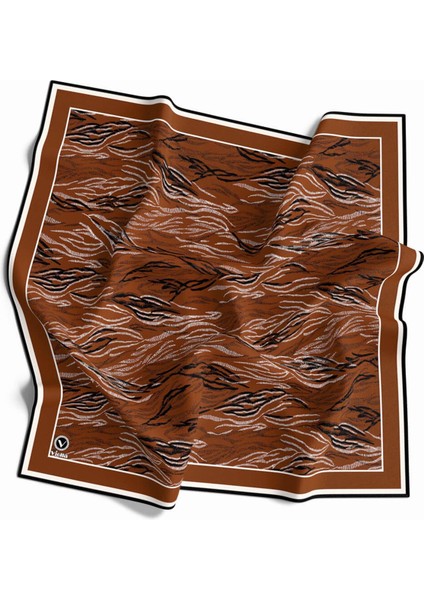 Twill Soyut Çizgi Desenli Taba Renkli 90X90 Eşarp (Ipek Içermez) Kenar Dikiş Şekli El Dikişli