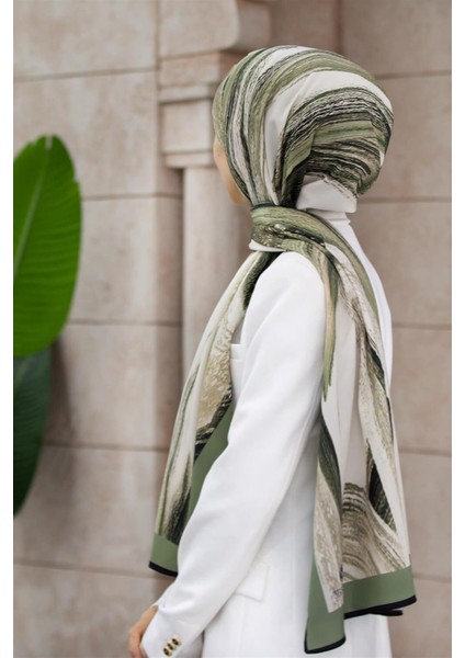 Lüks Medine Ipeği Fırça Desenli Haki Renkli 75X195 Kırışmaz Şal Moss Krep Dikiş Tipi Italyan Dikişli