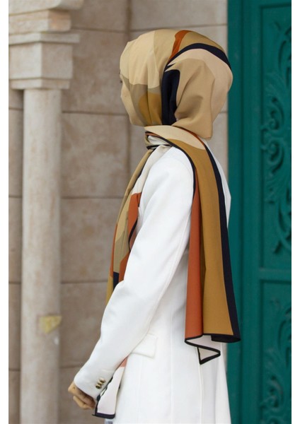 Lüks Medine Ipeği Çiçek ve Yaprak Desenli Bej - Taba Renkli 75X195 Kırışmaz Şal Moss Krep Dikiş Tipi Italyan Dikişli