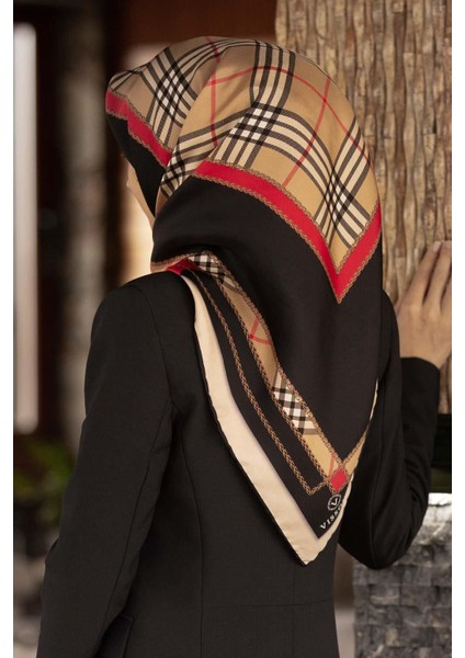 %100 Twill Ipek Ekose Desenli Kırmızı Renkli 90X90 Eşarp Dikim Şekli : El Dikişi