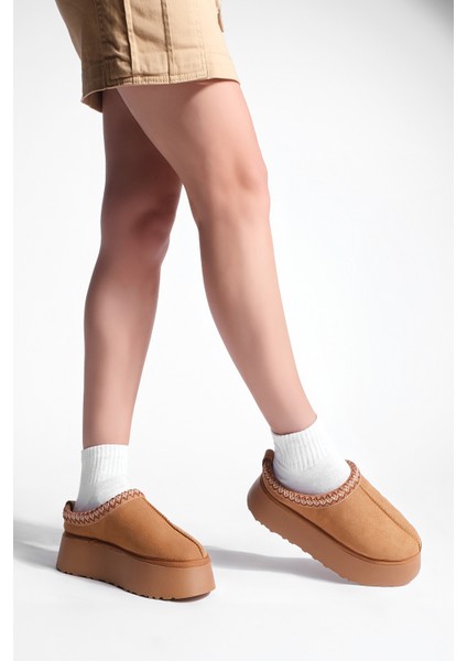 Kadın İçi Kürklü Kalın Taban Önü Kapalı Günlük Kışlık Terlik Furenta Taba Süet