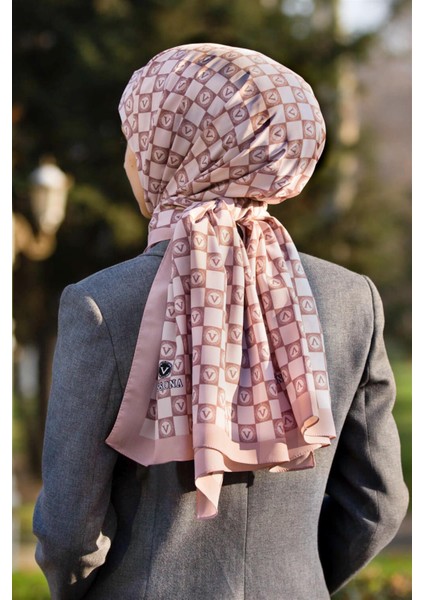 Lüks Medine Ipeği Monogram Desenli Sütlükahve Renkli 75X195 Kırışmaz Şal Moss Krep Dikiş Tipi Italyan Dikişli