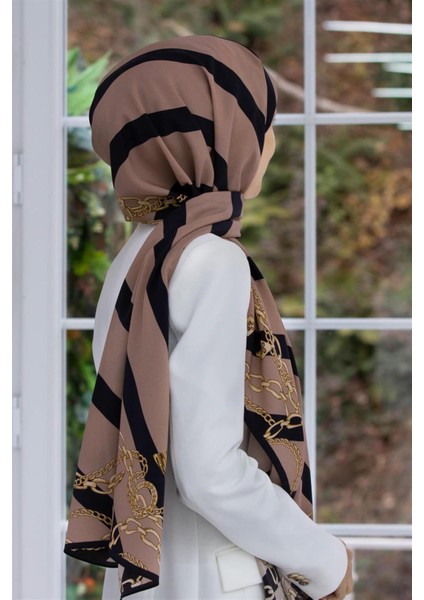 Lüks Medine Ipeği Çizgili ve Zincir Desenli Vizon - Siyah Renkli 75X195 Kırışmaz Şal Moss Krep Dikiş Tipi Italyan Dikişli