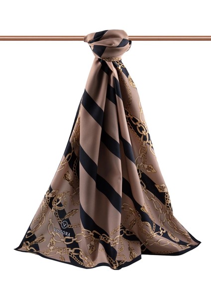 Lüks Medine Ipeği Çizgili ve Zincir Desenli Vizon - Siyah Renkli 75X195 Kırışmaz Şal Moss Krep Dikiş Tipi Italyan Dikişli fiyatları