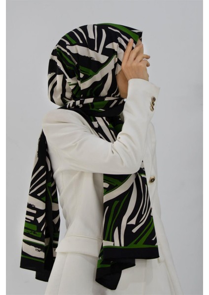 Lüks Medine Ipeği Çizgi Desenli Zümrüt Yeşili Renkli 75X195 Kırışmaz Şal Moss Krep Dikiş Tipi Italyan Dikişli